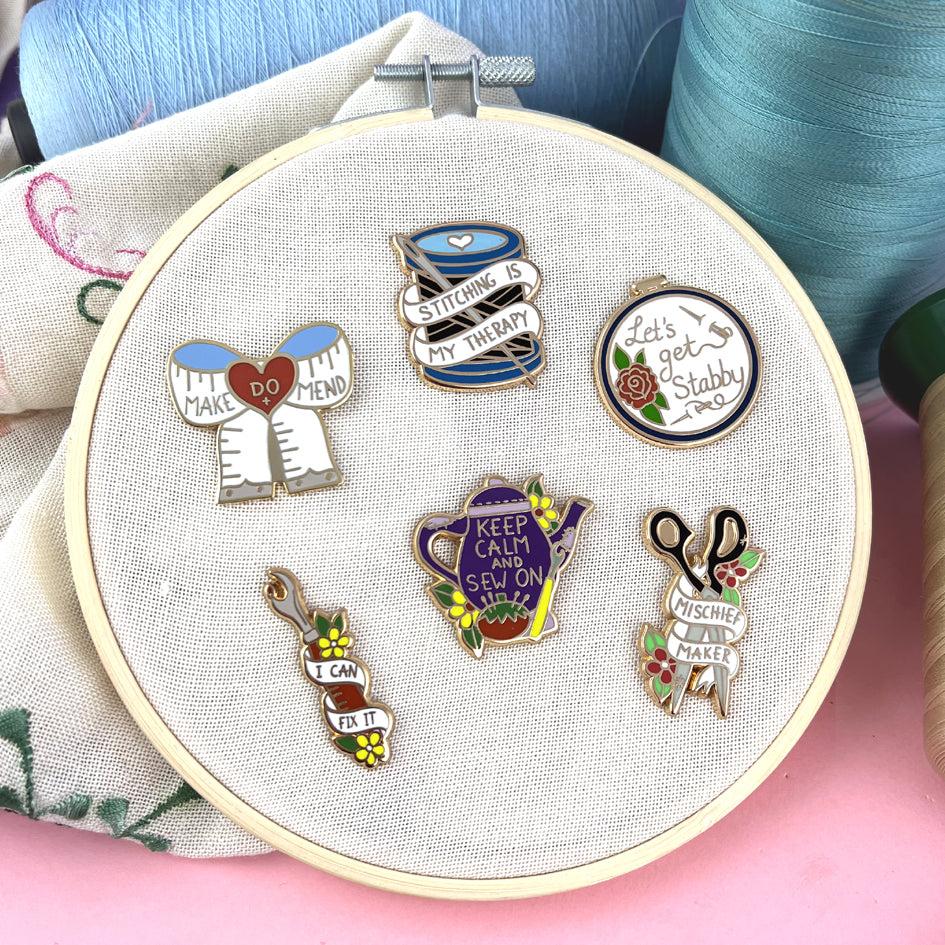 Keep Calm and Sew On! 6 New stitching themed pins are coming!