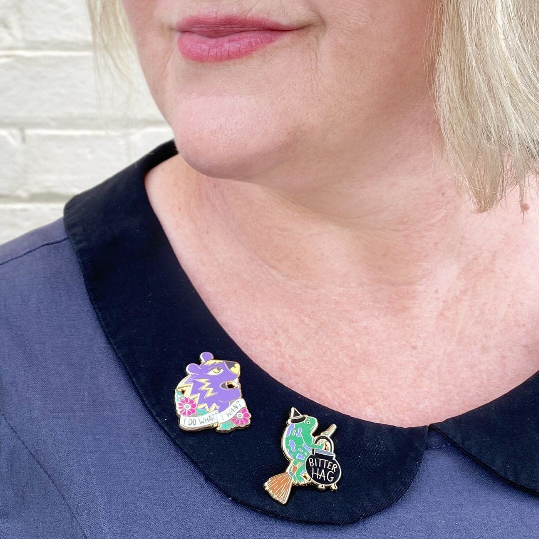 I do what I want and bitter hag pins on a velvet collar