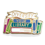 Pin with books design and 'Diversify Your Library' text on a white banner.
