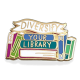 Pin with books design and 'Diversify Your Library' text on a white banner.