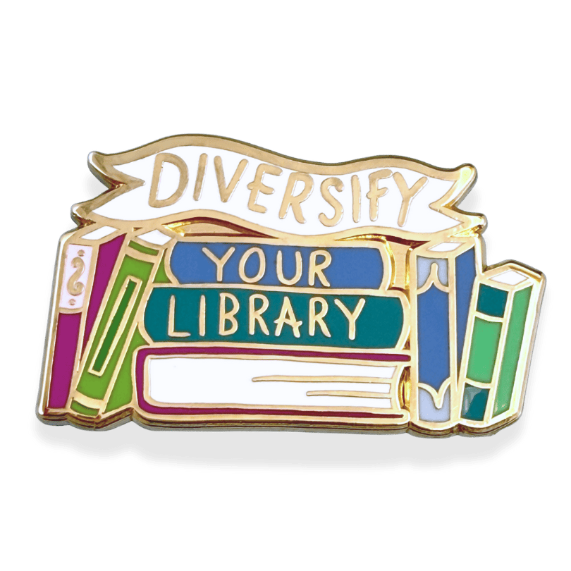 Pin with books design and 'Diversify Your Library' text on a white banner.