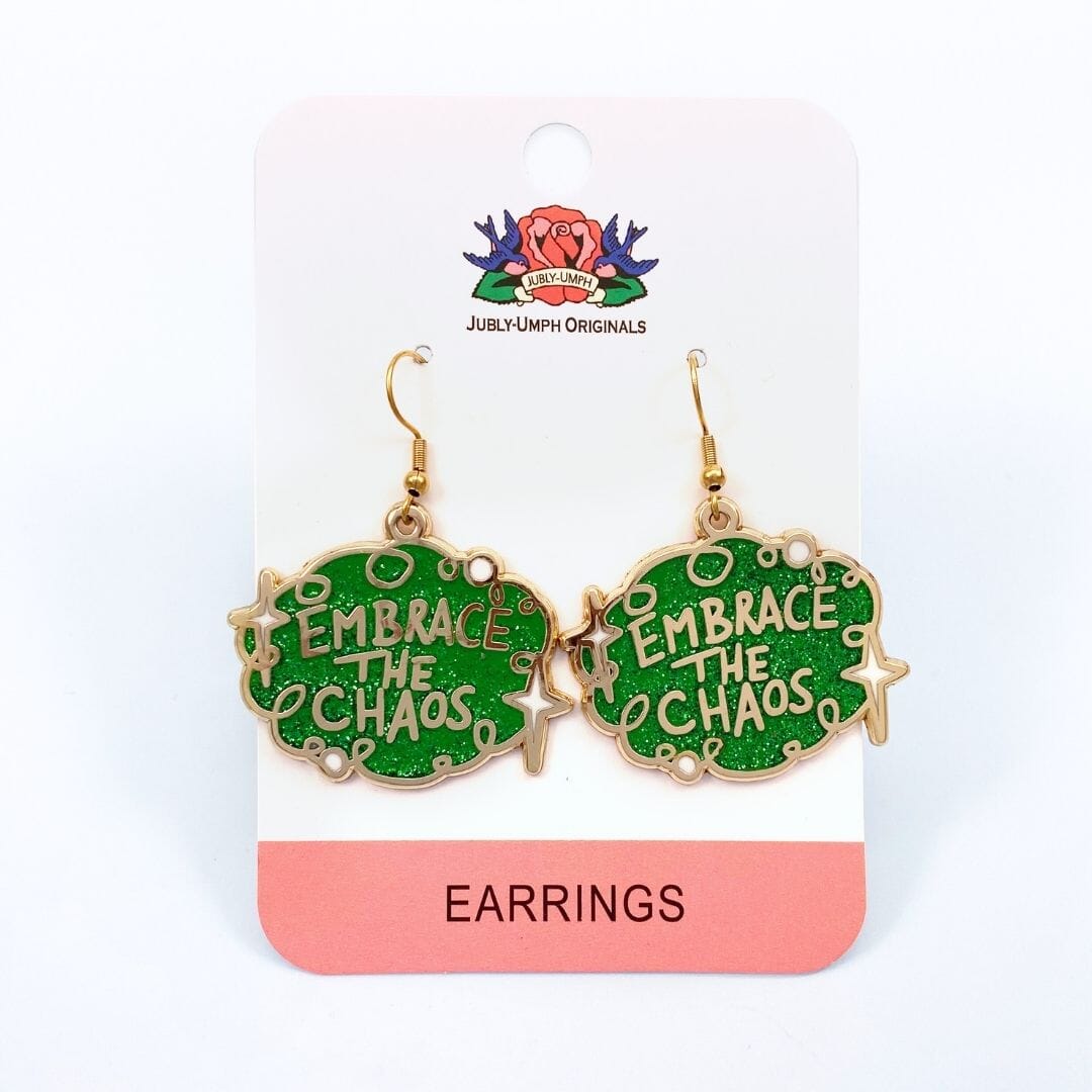 embrace the chaos earrings on backing card