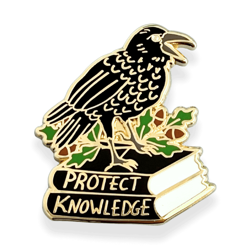 Black corvid crowing while standing on two books with "Protect Knowlege" written on the spines.