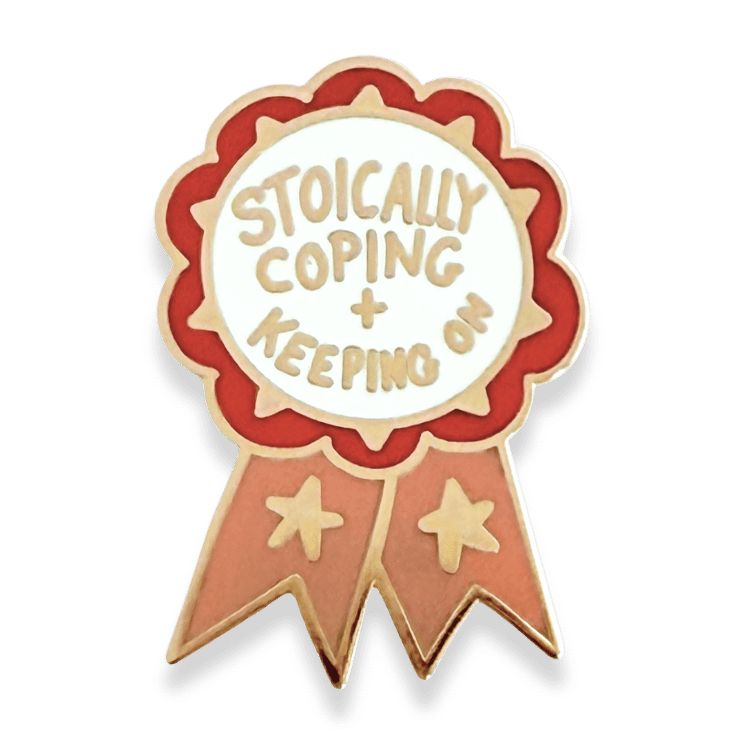Pin with 'Stoically Coping + Keeping On' text on a white background