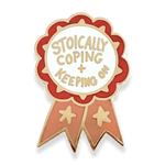 Pin with 'Stoically Coping + Keeping On' text on a white background