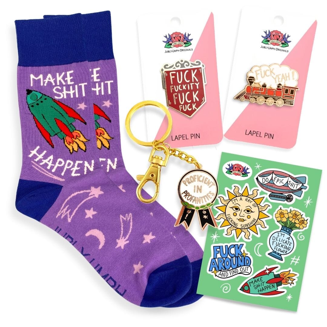 Purple socks with text, keychain, lapel pins, and stickers on a white background