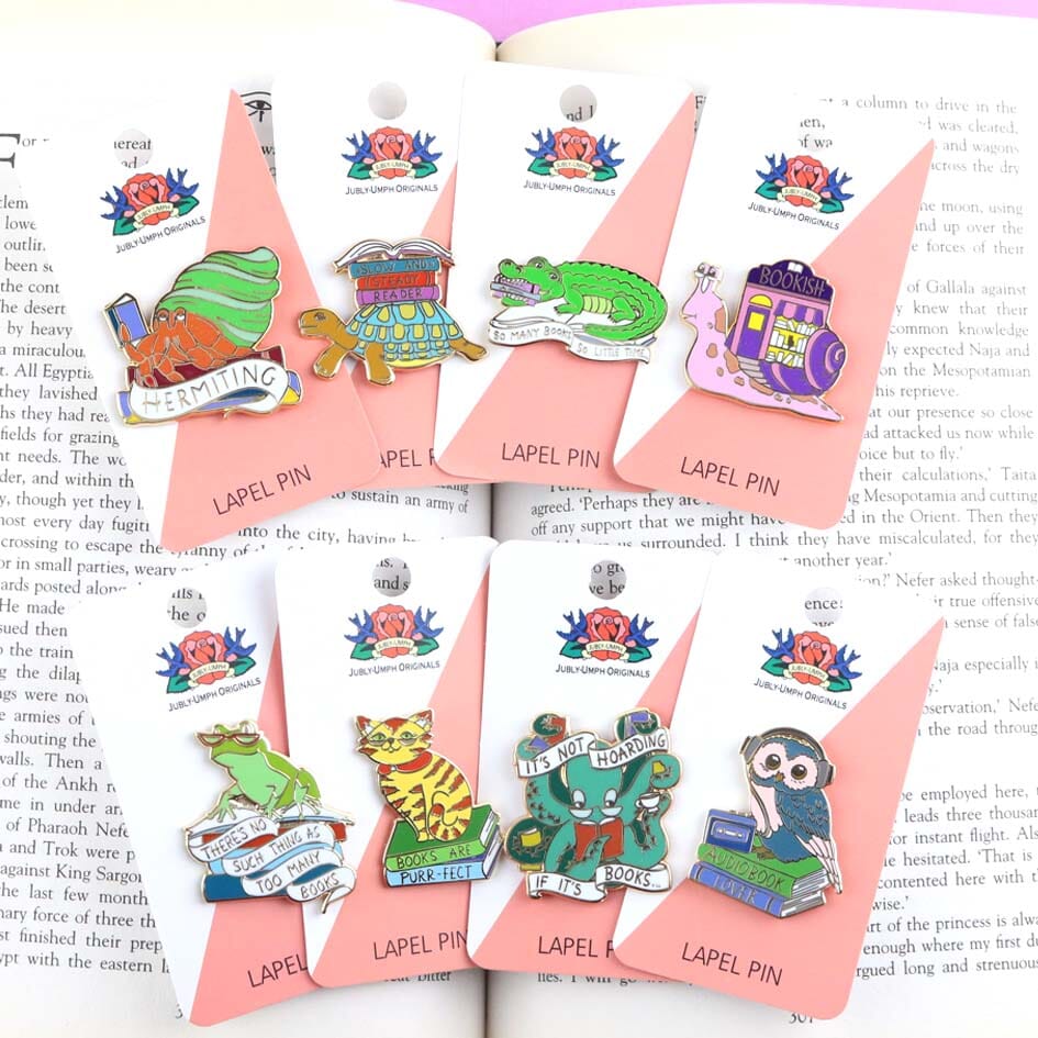 This set contains one of each design on Jubly-Umph card stock -It’s Not Hoarding If It's Books Octopus, - Bookish Snail,- There's No Such Thing As Too Many Books Frog- Books Are Purr-fect Cat- Hermiting Crab- Audiobook Lover Owl- Slow and Steady Reader Tortoise- So Many Books So Little Time Crocodile. 