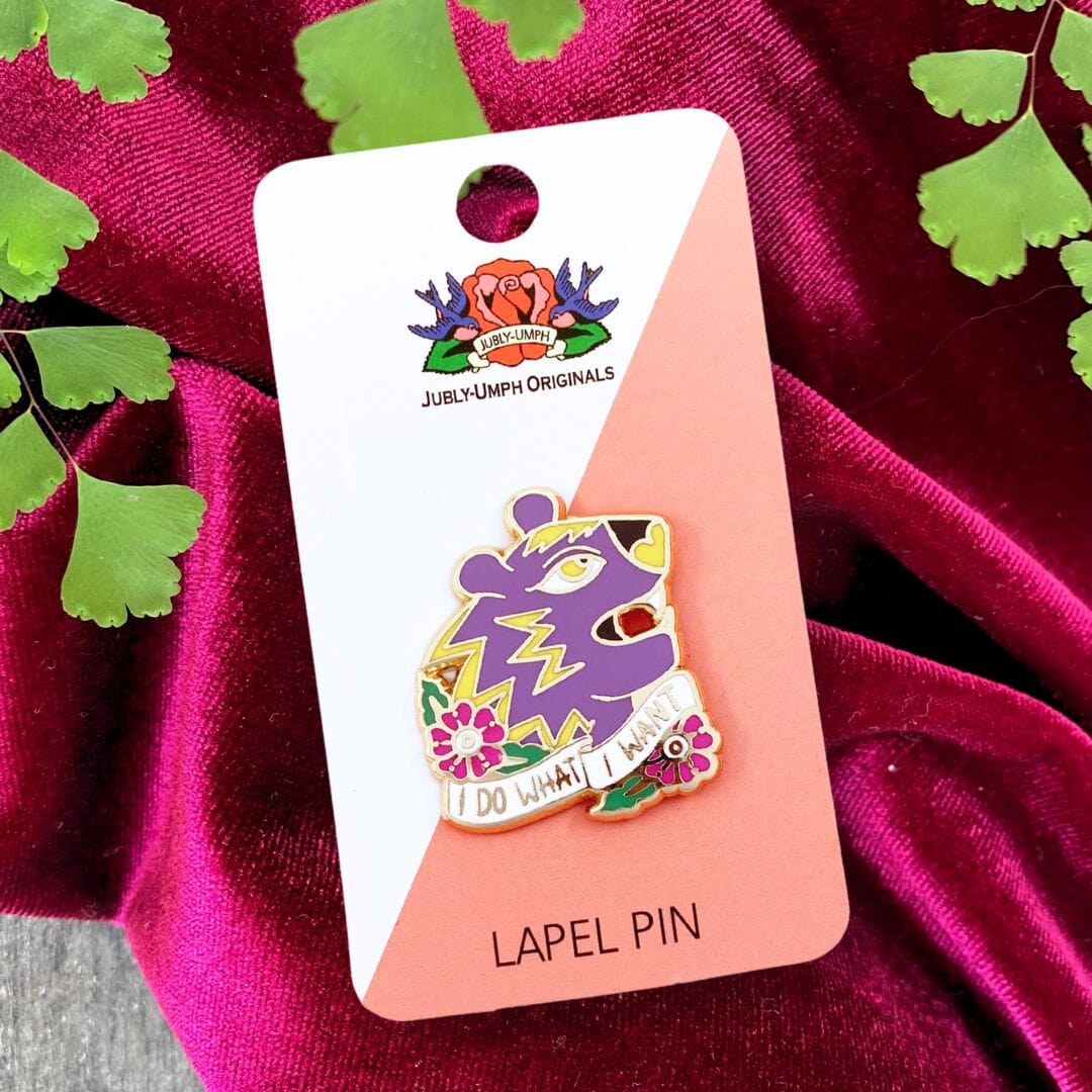 I do what I want pin on backing card with plant and velvet red background