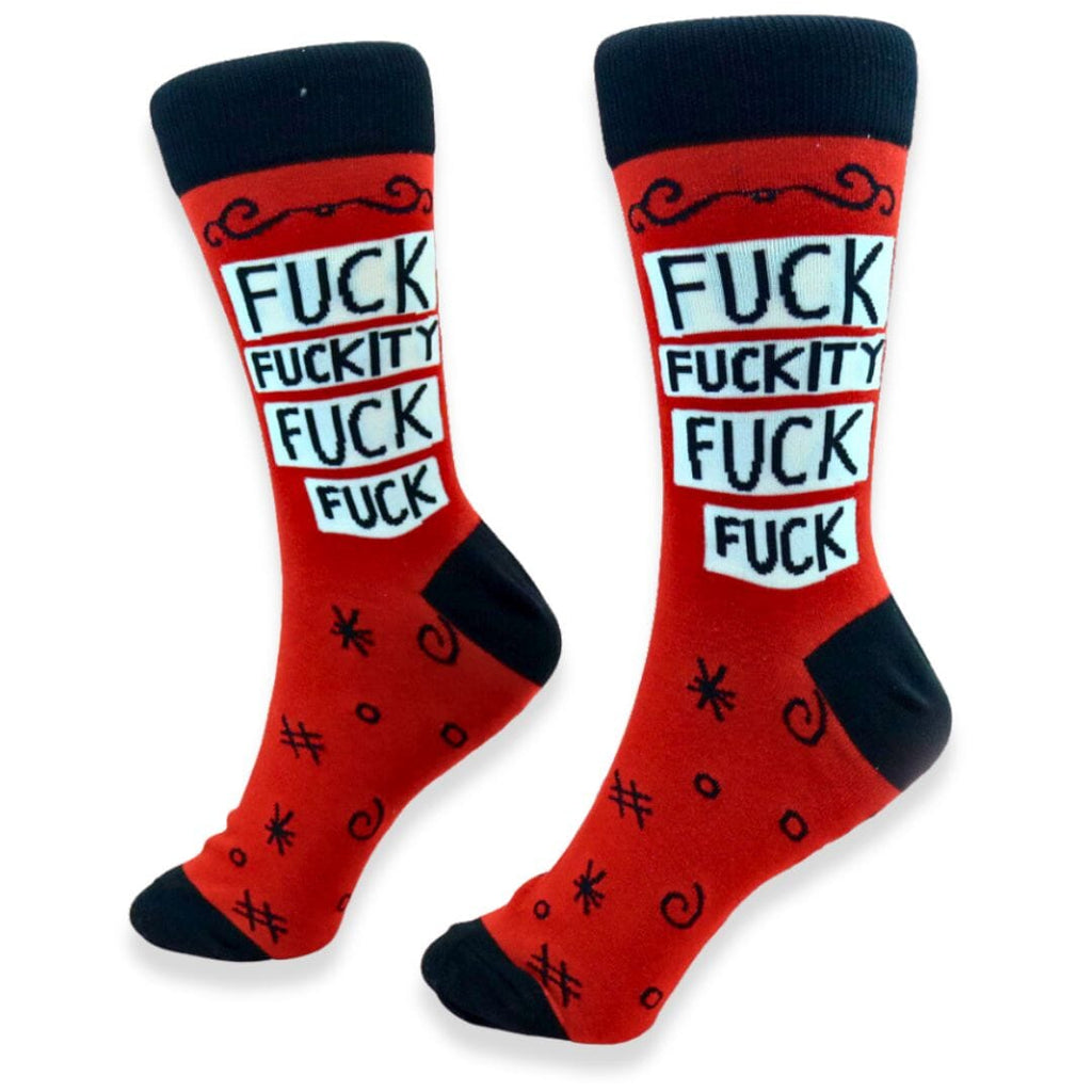 A pair of socks standing against a pink background. The socks are red and black and read Fuck Fuckity Fuck Fuck.