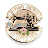Pin with sewing machine design and text 'So many projects, so little time' on a white background