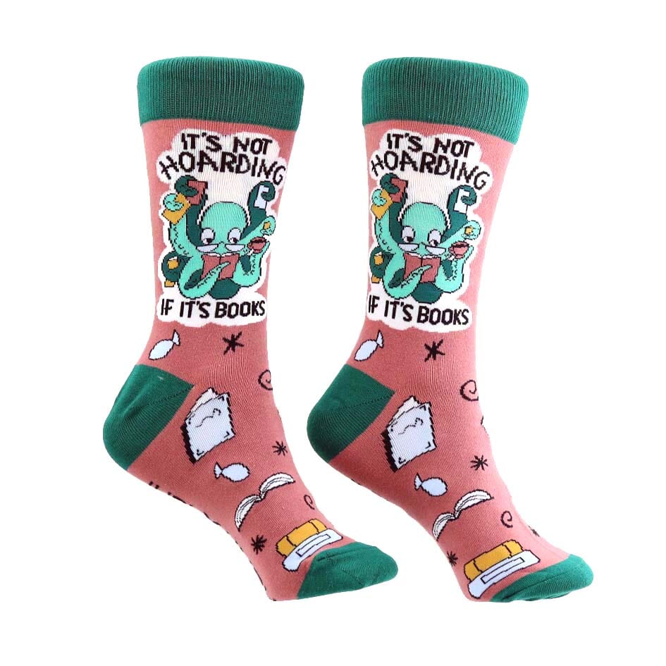 A pair of socks standing against a white background. The socks are green and light brown with a light green octopus. The socks read It's Not Hoarding If It's Books.