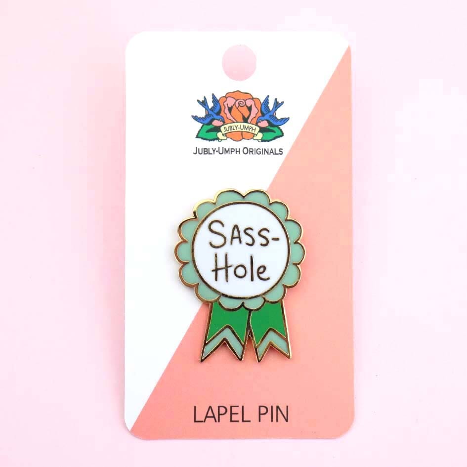 Sass-Hole Lapel Pin on a card